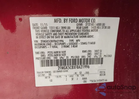 2015 Ford Flex Sel from USA, damaged, VIN 2FMGK5C8XFBA21996